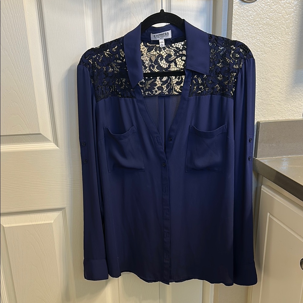 Express Women's Navy Lace Detail Top